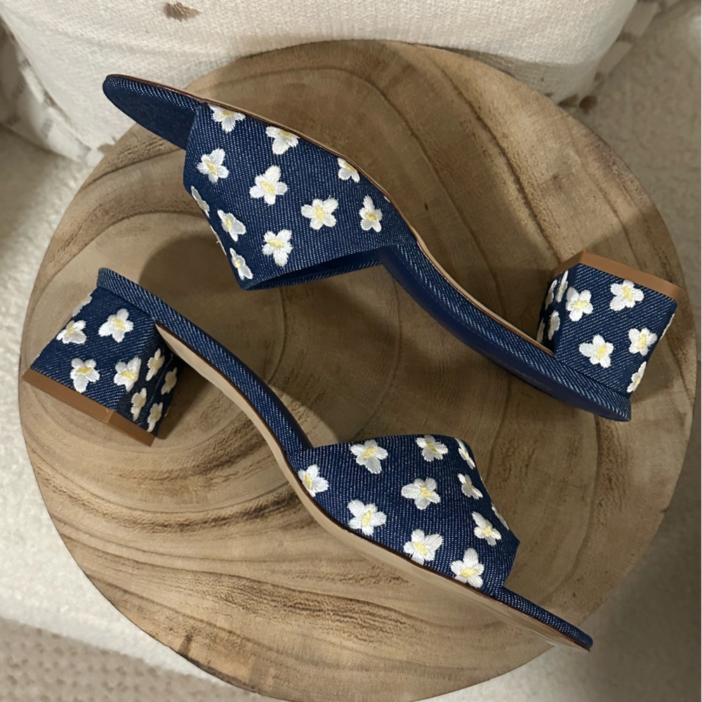 NEW | Larroudé Brigitte Flower-Embroidered Denim Mules - Picture 4 of 13